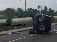 US Ambassador’s vehicle turns turtle on Lamaha Street