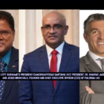 FROM LEFT_ SURINAME’S PRESIDENT CHANDRIKAPERSAD SANTOKHI; VICE PRESIDENT, DR. BHARRAT JAGDEO; AND JE