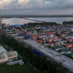 An overhead view of works on the US$260 million new Demerara Harbour Bridge