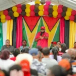 President, Dr Mohamed Irfaan Ali addressing a mammoth crowd at Canal No #2 Polder on the West Bank of Demerara