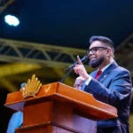 His Excellency Dr Mohamed Irfaan Ali delivering his 59th Independence Anniversary speech at the Albion Sport Complex on Sunday night