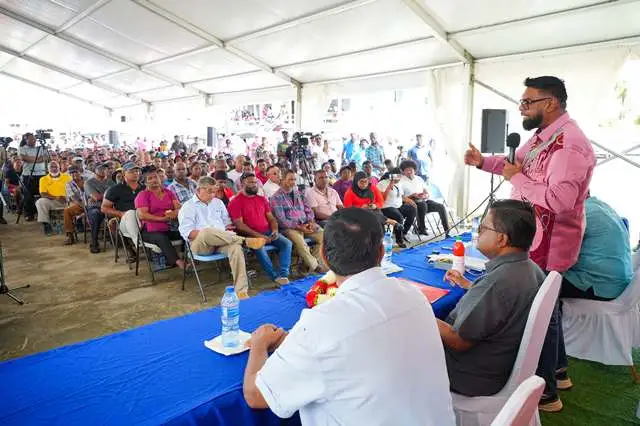 President, Dr Mohamed Irfaan Ali addressing rice and cash crop farmers at the Albion Community Ground in Region Six on Thursday