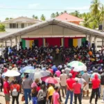 President, Dr Mohamed Irfaan Ali addressing scores of fisherfolk and sugar workers at the Albion Community Ground on Thursday
